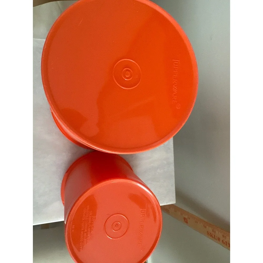 Vintage Tupperware Orange Servalier Canister Set Flour Brown Sugar Sunburst Lids